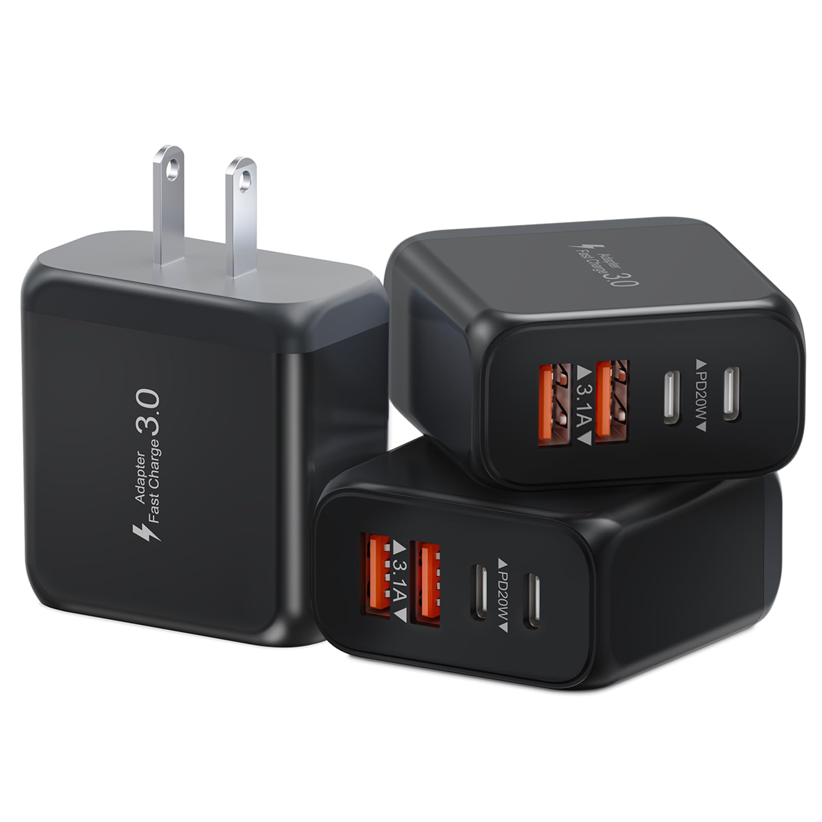 40W USB C Charger Block, 3 Pack 4-Ports Type C Fast Charging Cubes PD USBC Wall Plug+QC 3.0 USB A, Multiple USB C Charger for iP