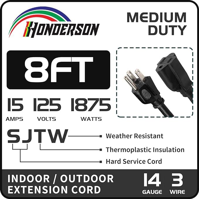 Honderson Indoor Outdoor Extension Cord Weatherproof, Ul Listed, 14 Gauge 8Ft Black 3 Prong Heavy Duty, 14/3 Sjtw 15A Power Cord