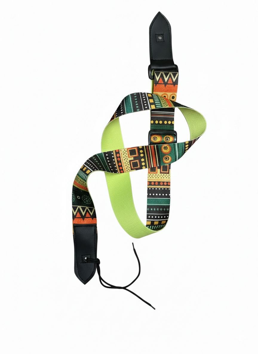 Vintage African Tribal Pattern Guitar Strap for Acoustic Electric Bass Ukulele, Adjustable Nylon Strap with Leather Ends, Green 