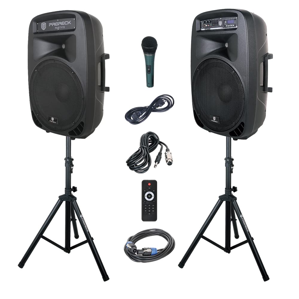 PRORECK Party 15 Portable 15-Inch 2000 Watt 2-Way Powered PA Speaker System Combo Set with Bluetooth/USB/SD Card Reader/FM Radio
