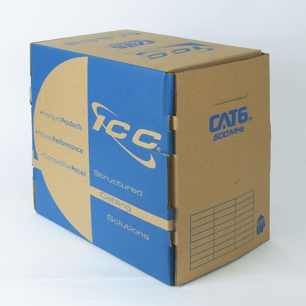 ICC Cat6 CMP Plenum 1000ft UTP 23AWG Solid Pure Copper, True Plenum Certified by UL Bulk Ethernet Cable, PoE++, 500MHz, Reelex No Tangle Pull Box, TAA, National Electrical Code Compliant, White
