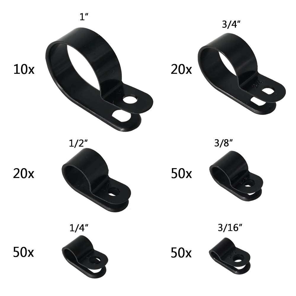 Alamic Cable Clamp 200 Pcs Black Nylon Screws Plastic R Type Cable Clamp Clips Fasteners Assortment For Cable Conduit 6 Sizes 3/