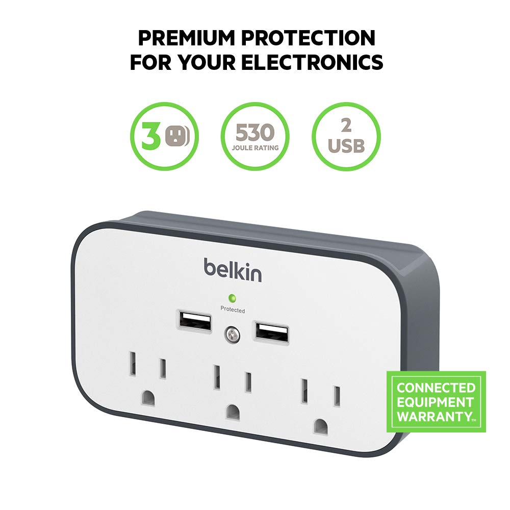 Belkin Wall Surge Protector - 3 Outlet W/ 2 Usb Ports Mount With Premium Protection Against Surges Safe Charge For Mobile Device