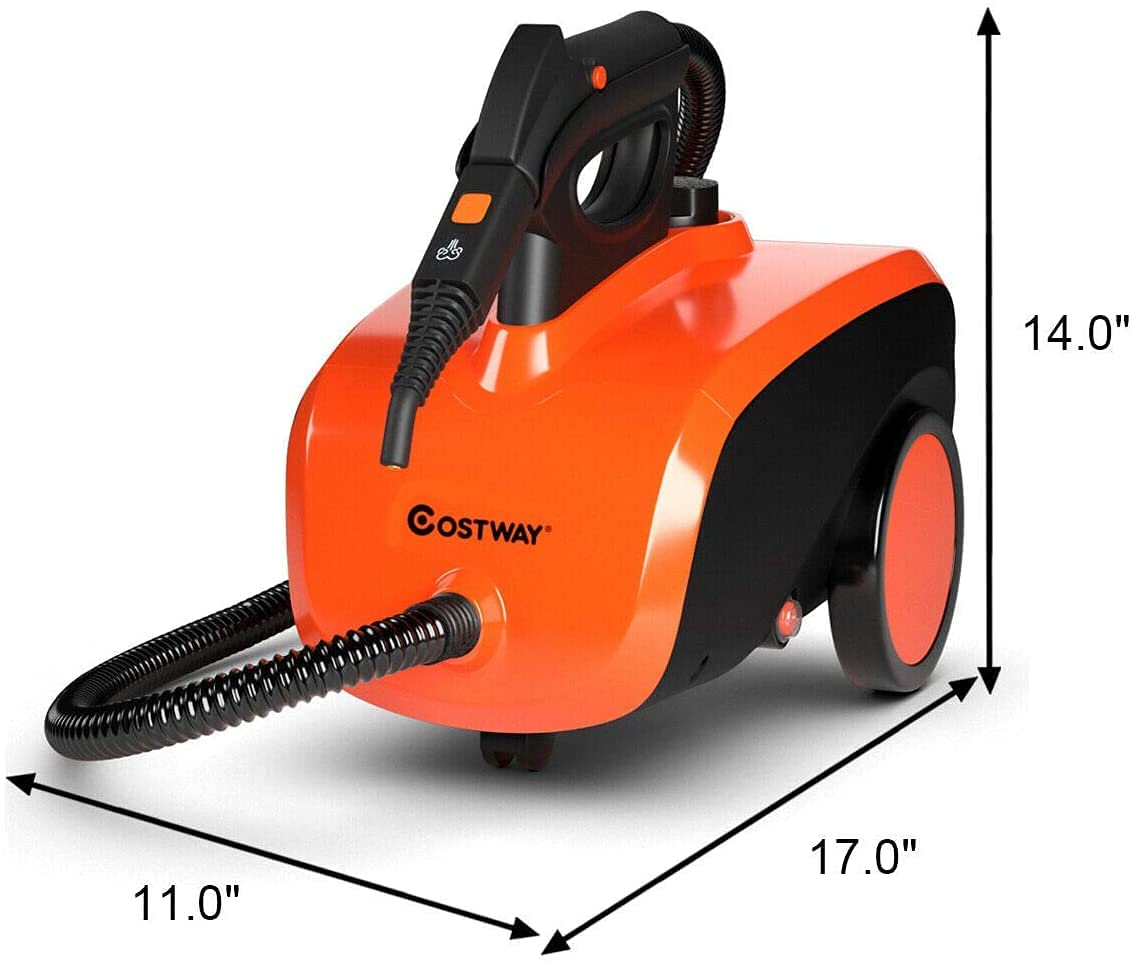 Costway Multipurpose Steam Cleaner With 19 Accessories, Heavy Duty Household Steamer Chemical Free Cleaning, 1.5L Dual Tank Rolling Cleaning Machine For Carpet, Floor, Window And Car, Orange+Black