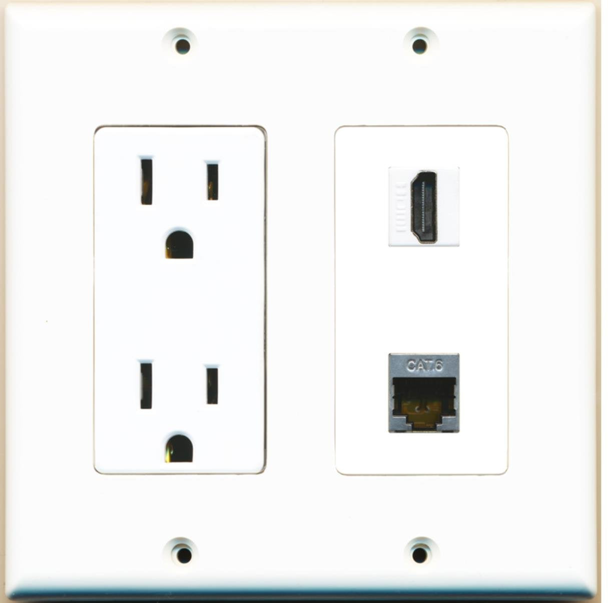 Riteav   15 Amp Power Outlet And 1 Port Hdmi And 1 Port Shielded Cat6 Ethernet Decorative Type Wall Plate   White