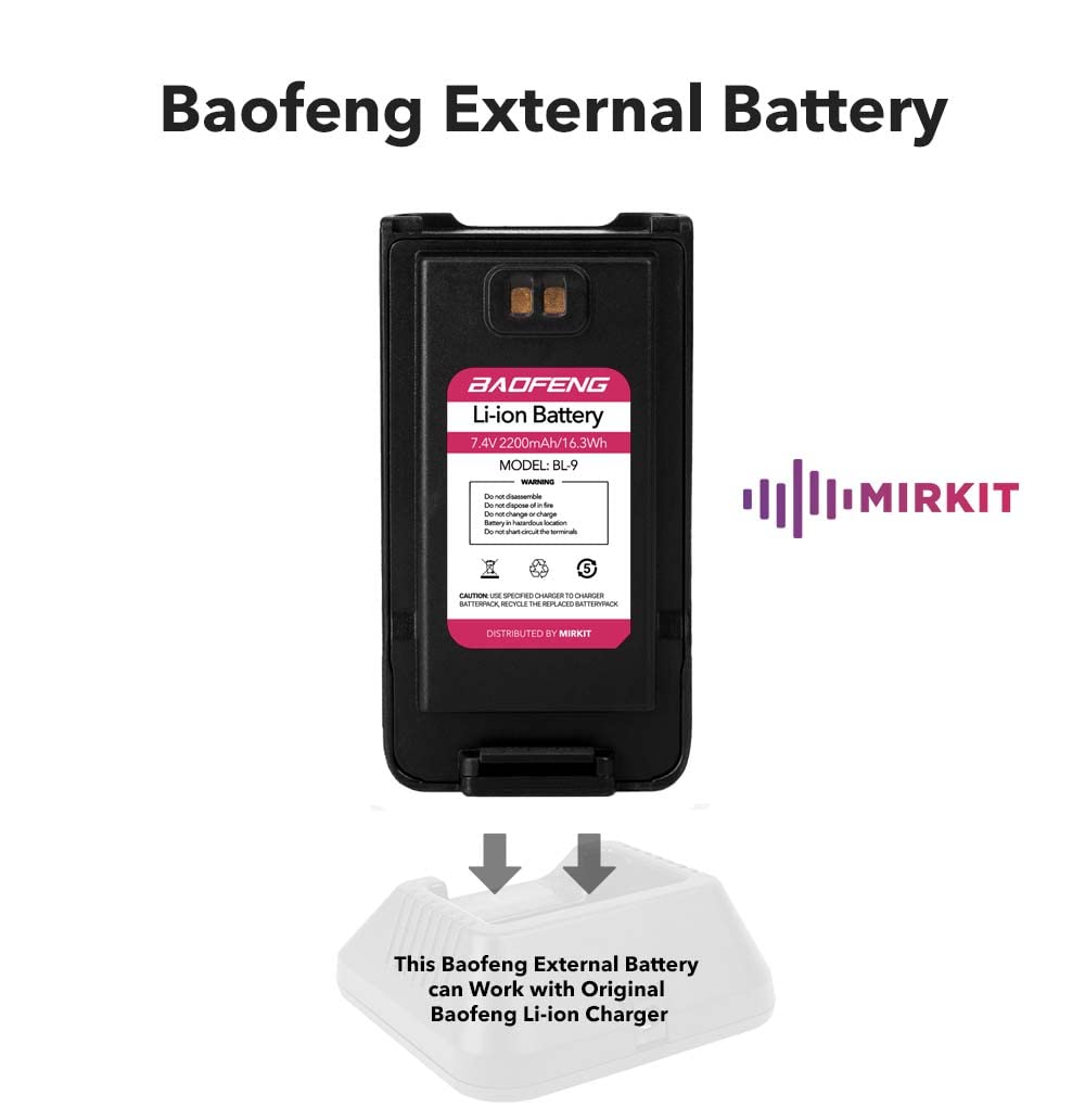 Mirkit Baofeng Battery Bl 9 2200Mah Li Ion Compatible With: Baofeng Uv 9R, Uv 9R Plus, Bf T57 Two Way Radios   Rechargeable Extended Battery Radio