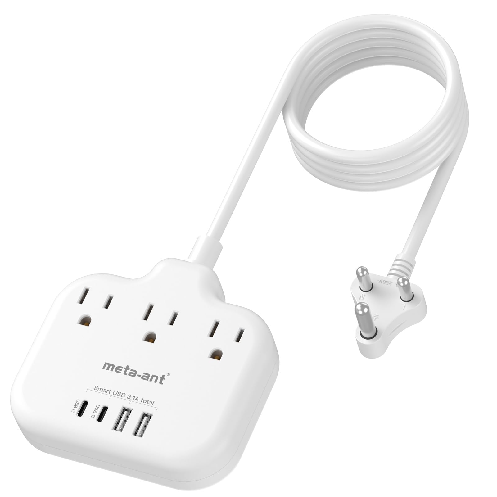 Us To India Plug Adapter, Meta Ant India Power Adapter With 3 American Outlets 4 Usb Charger Ports(2 Usb C), 5Ft India Extension