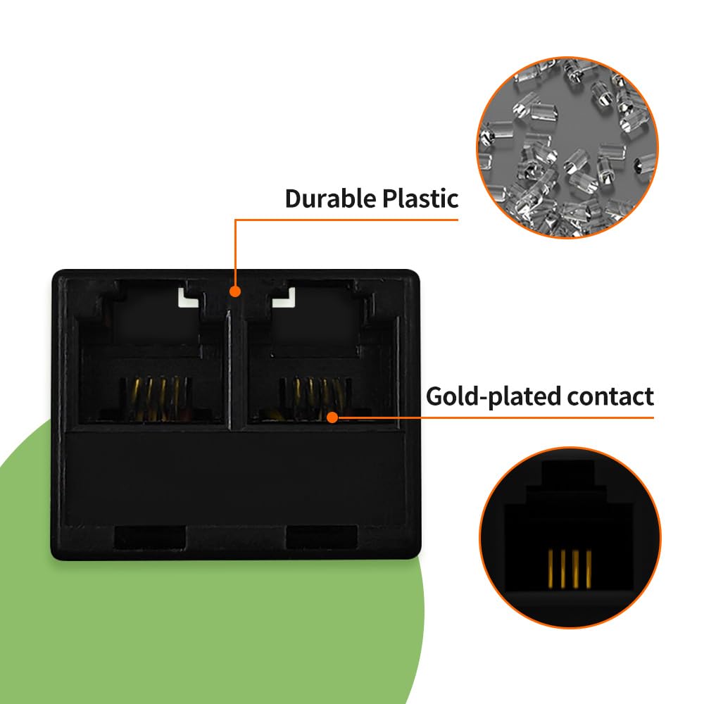 Xanham Phone Cable 2 Way Splitter Rj11 6P4C Telephone Line Cord Adapter With 3 Inch Cable For Landline Phone Wire, Black, Av0120