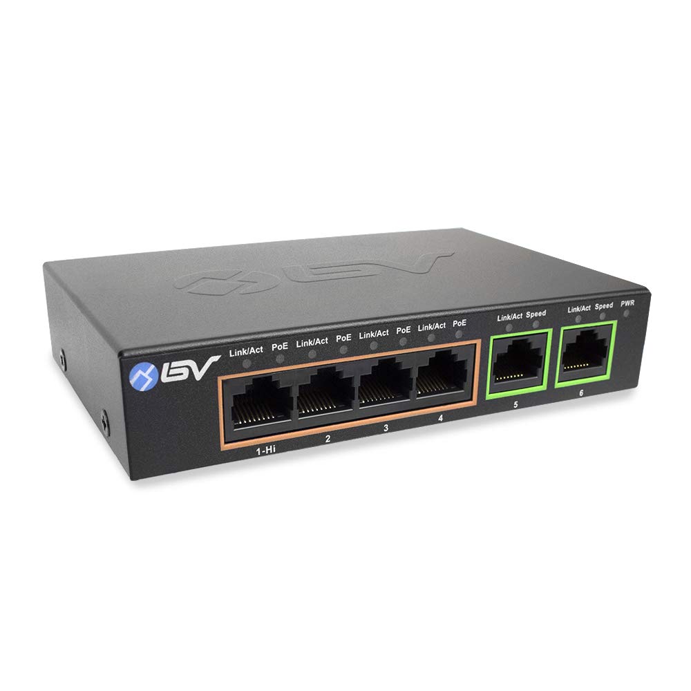Bv Tech 6 Port Poe+ Switch 4 Poe+ Gigabit Ports With 2 Gigabit Uplink   60W   802.3At + 1 High Powerport | Desktop Fanless Desig