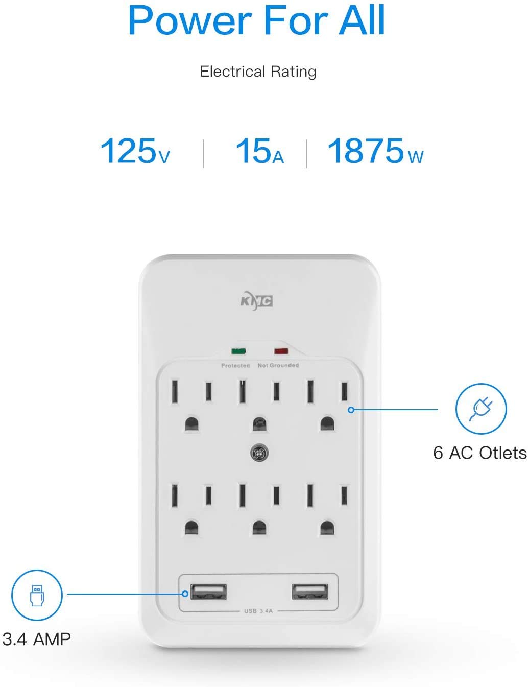 Kmc 6 Outlet Surge Tap, 2 Usb Ports (3.4A), 980 Joules Surge Protector, White (2 Pack)