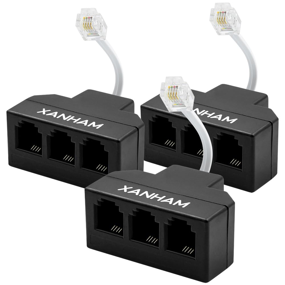 Xanham Rj11 Cable 3 Way Splitter(3 Pack) 6P4C Connector Phone Line Cord Adapter With 3 Inch Cable For Landline Telephone Wire, B