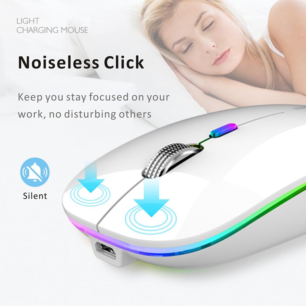 Uiosmuph Led Wireless Silent Mouse, G12 Slim Rechargeable, 2.4G Portable Usb Optical Wireless Computer Mice With Usb Receiver An