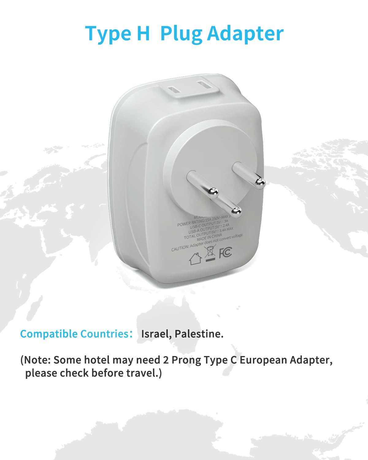 [3 Pack] Israel Power Adapter, Vintar Israel Plug Adapter With 1 Usb C,3 Usb Ports And 2 American Outlets,6 In 1 Type H Travel A