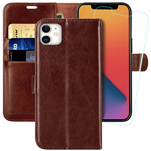 Monasay Iphone 11 Wallet Case, 6.1-Inch, [Glass Screen Protector Included] [Rfid Blocking] Flip Folio Leather Cell Phone Cover W