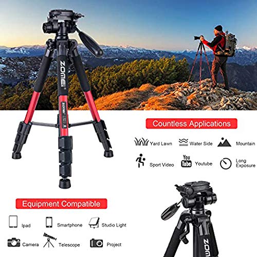 55' Tripod Q111 Travel Camera Tripod With 3 Way Pan Head And Phone Holder Mount For Gopro,Projector,Smartphones Webcam,Spotting Scopesto Live Broadcast And Dslr Eos Canon Nikon Sony Samsung(Red)