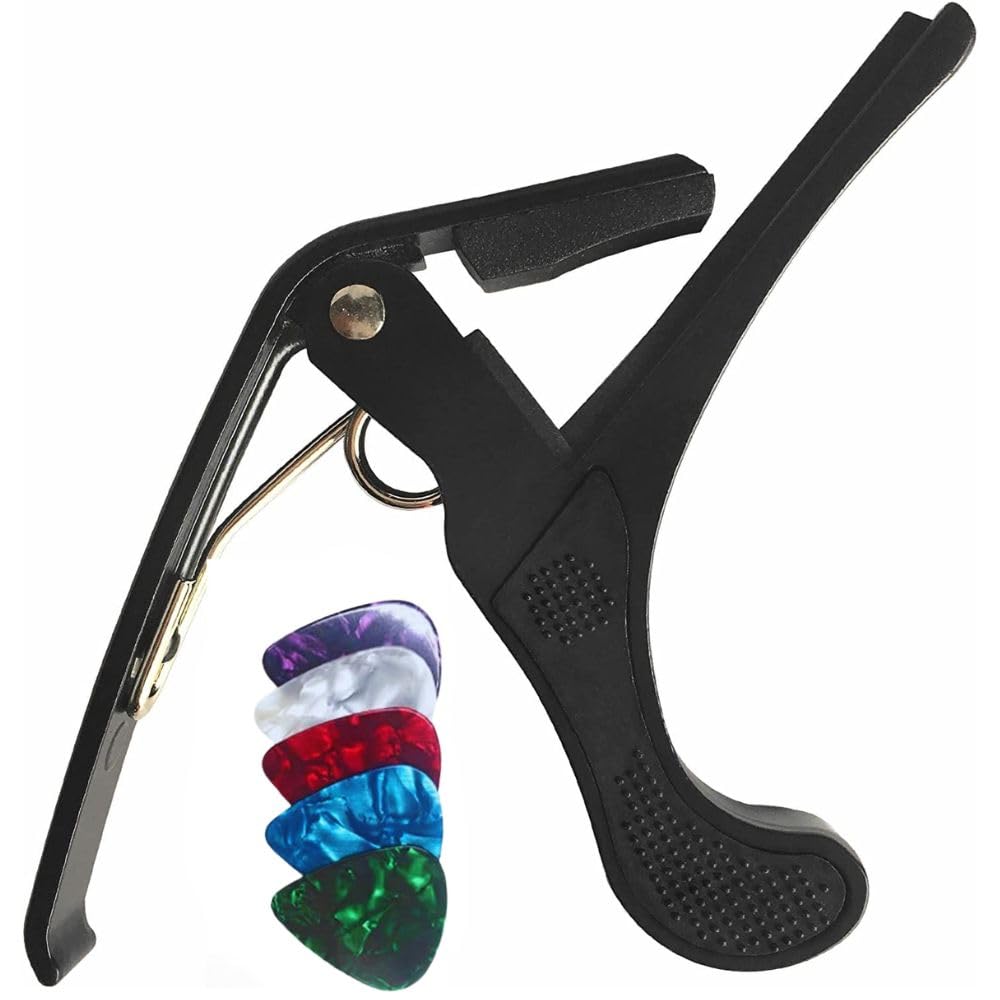 Flare Capo For Guitar, Ukulele, Banjo, Mandolin & Bass | Black Trigger Clamp With Protective Padding | BuzzFree Performance + 5