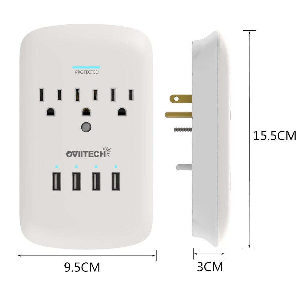 Oviitech Multi Outlet Wall Mount Adapter Surge Protector With 4 (4.2 Amp) Usb Charging Ports,3 Outlet Extender Socket Plugs,White,Etl Certified.