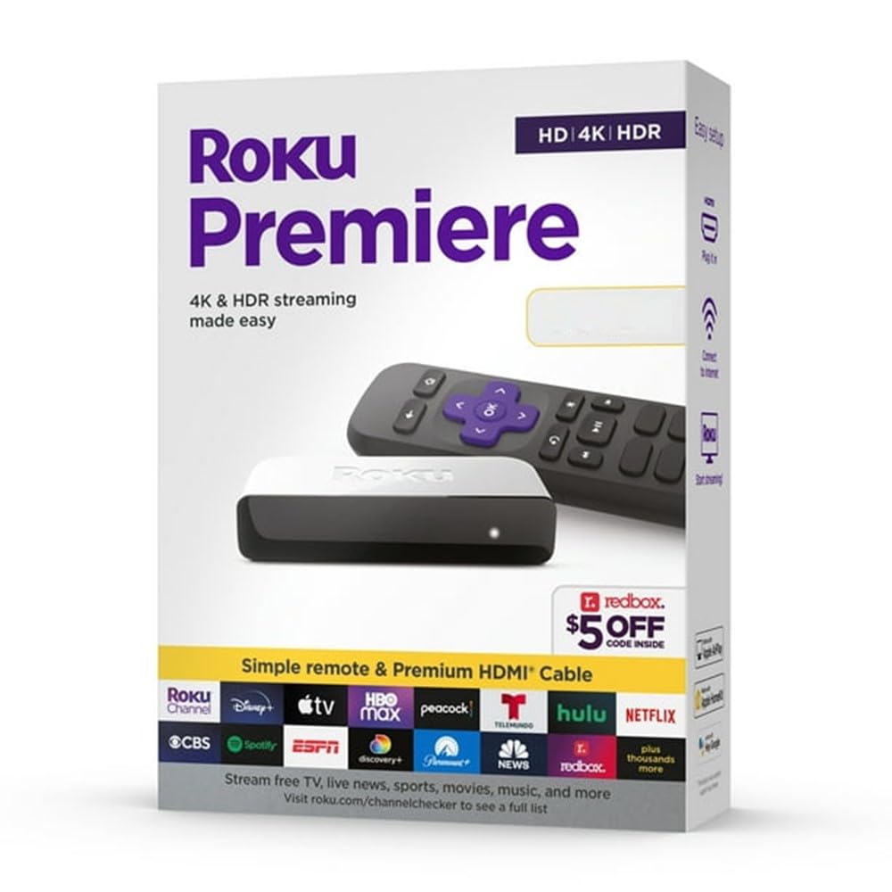Roku Premiere Streaming Media Player Hd/4K/Hdr Simple Remote And Premium Hdmi Cable, Black & Bundle Swanky Cables Hdmi Cable, 3920R