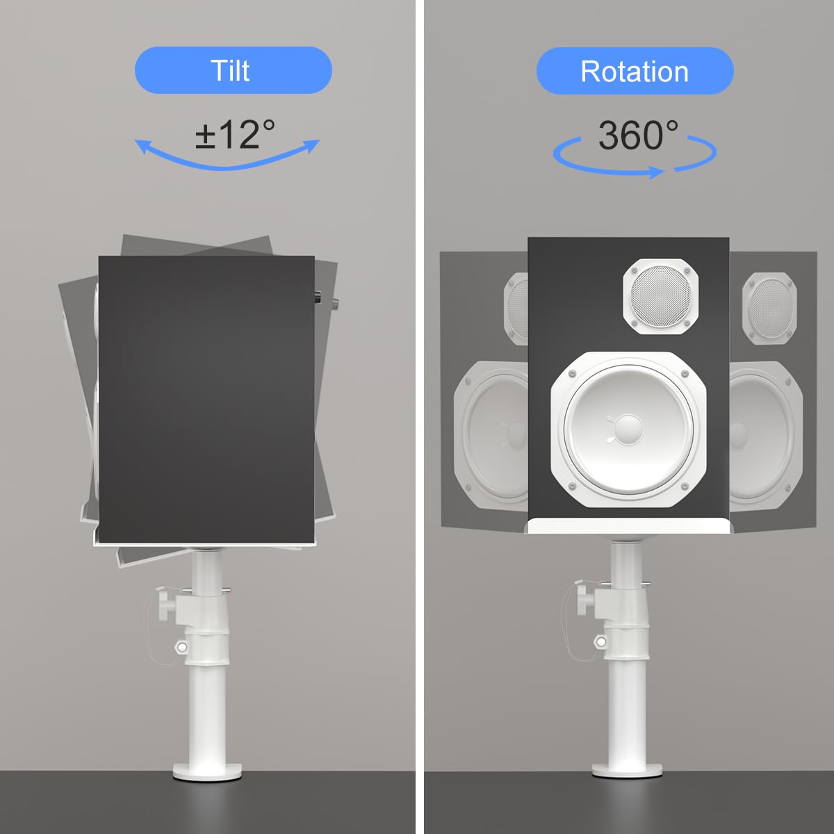 Suptek Clamp On Speaker Stand Desk Mount Set, Height Adjustment, Tilt, Swivel, 9.6 X 8.8 Inch Trays, Universal Audio Holders For