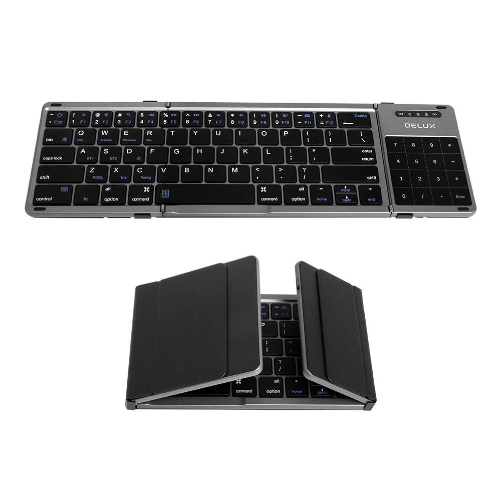 Delux Foldable Keyboard With Touchpad And Numeric Keypad, 2.4G Wireless And Bluetooth, Rechargeable Portable Travel Folding Keyb