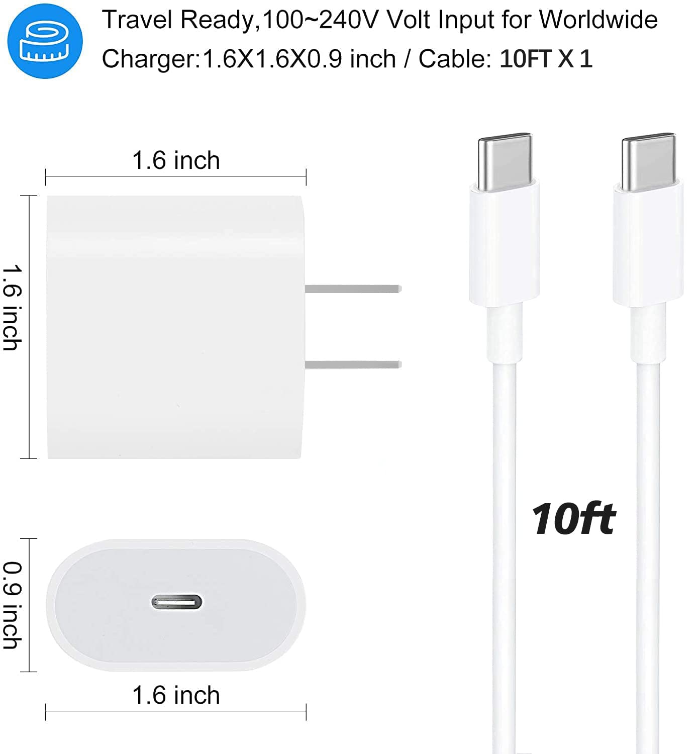 Ipad Pro Charger, 20W Usb C Charger With 10Ft Usb C To C Charging Cable For Ipad Pro 13/12.9/11 Inch, Ipad Air 13/11 Inch 5/4Th Generation, Ipad 10, Ipad Mini 6
