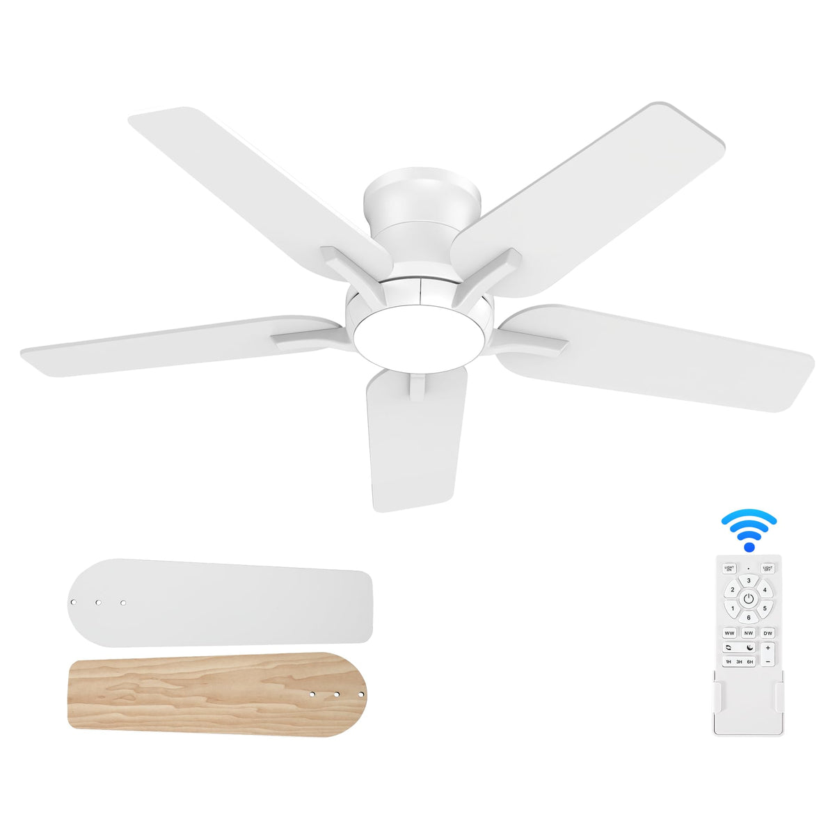 Pochfan 42 Inch White Ceiling Fans With Lights And Remote, Flush Mount Low Profile Ceiling Fan For Bedroom, Living Room, Patio,