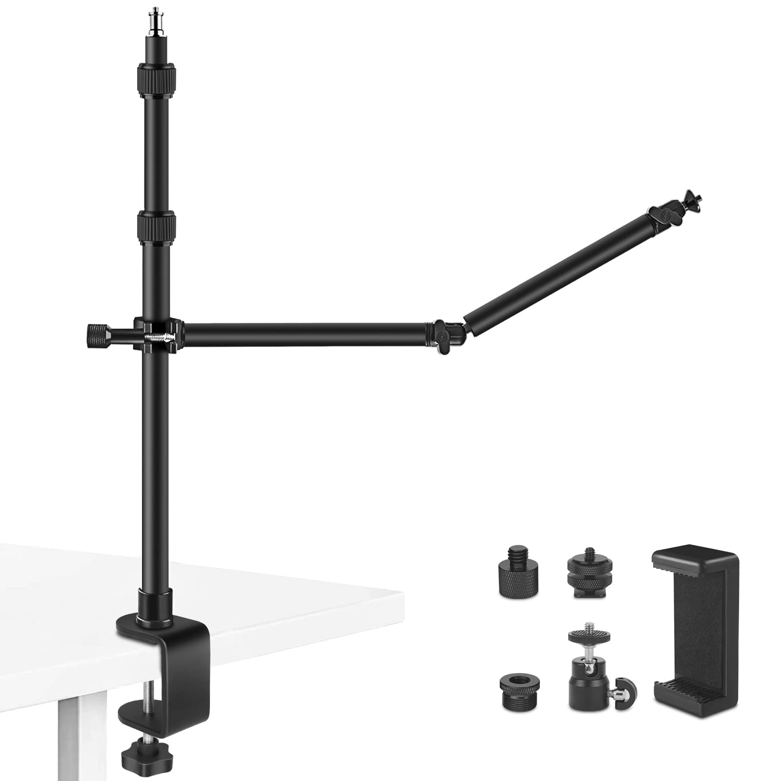 Obeamiu Desk Mount Stand With 27'' Auxiliary Holding Arm, Detachable 2 Section Magic Arm Overhead Light Stand, 16.7 40.1 In Tabl