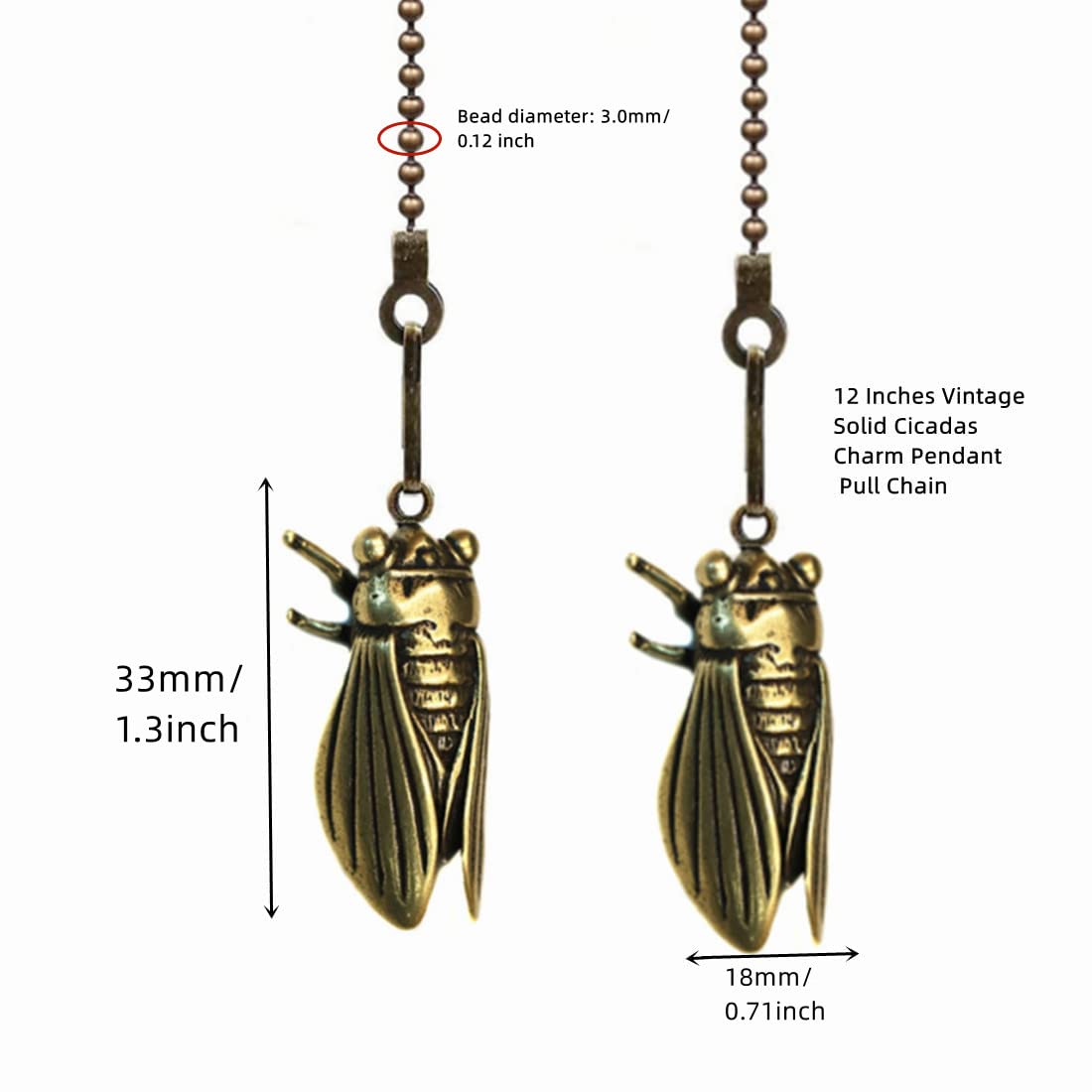 Ceiling Fan Pull Chain Set, 12 Inches Vintage Solid Cicadas Charm Pendant Pull Chain Extender With Connector, 4Pcs