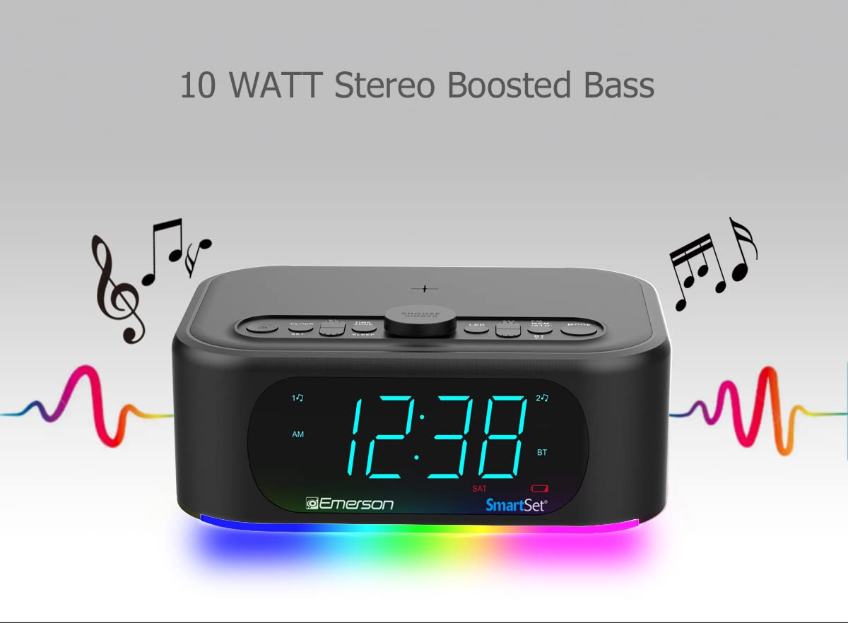 Emerson Smartset 7 Color Bluetooth Speaker   10W Stereo Sound, 15W Wireless Charging, And Led Lights Changing To Music,Black