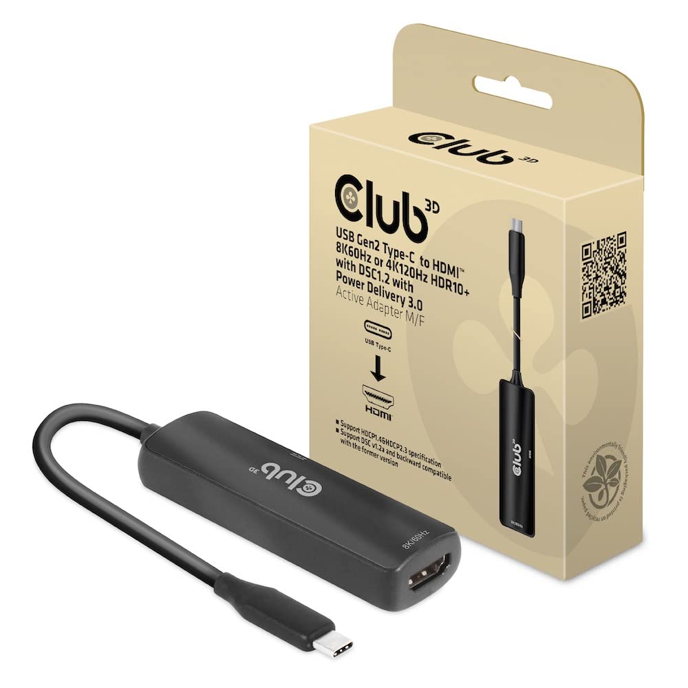 Club 3D CAC-1588 USB Gen2 Type-C to HDMI 8K60Hz or 4K120Hz HDR10, DSC1.2, Power Delivery 3.0 Active Adapter M/B.