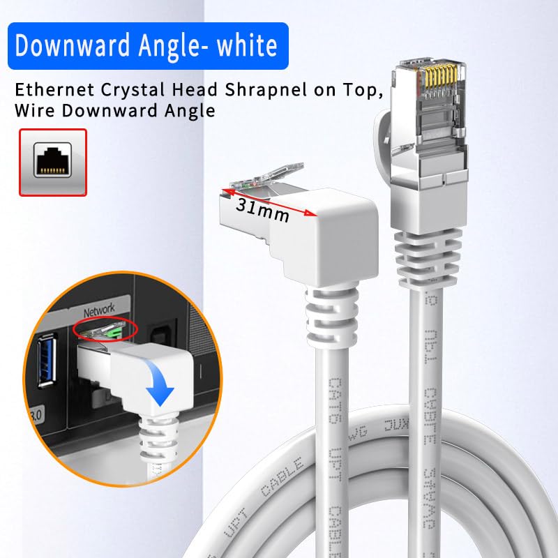 Juxinice 90 Degree Cat6 Ethernet Cable White Down/Up Right Angled Cat 6 Ethernet Patch Cables Gigabit Network Cord Rj45 90 Degree Adapter (Downward Angle, 10Ft)