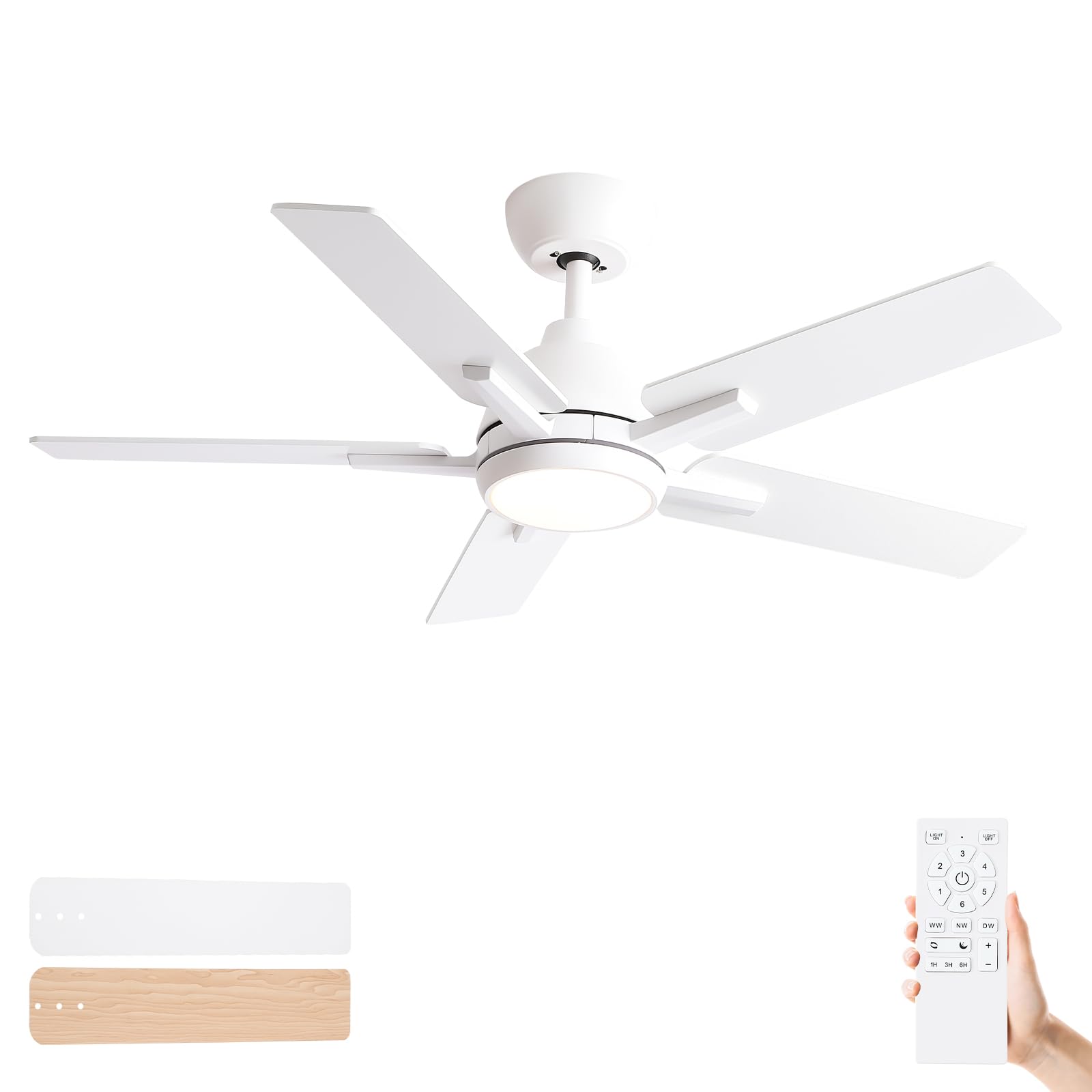 42 Inch Ceiling Fans With Lights And Remote,White Ceiling Fan With 5 Dual Sided Blades,Downrod,Quiet 6 Speed Reversible Dc Motor