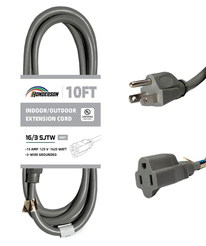 Honderson Indoor Outdoor Extension Cord Weatherproof, Ul Listed, 16 Gauge 10Ft Grey 3 Prong Heavy Duty, 16/3 Sjtw 13A Power Cord