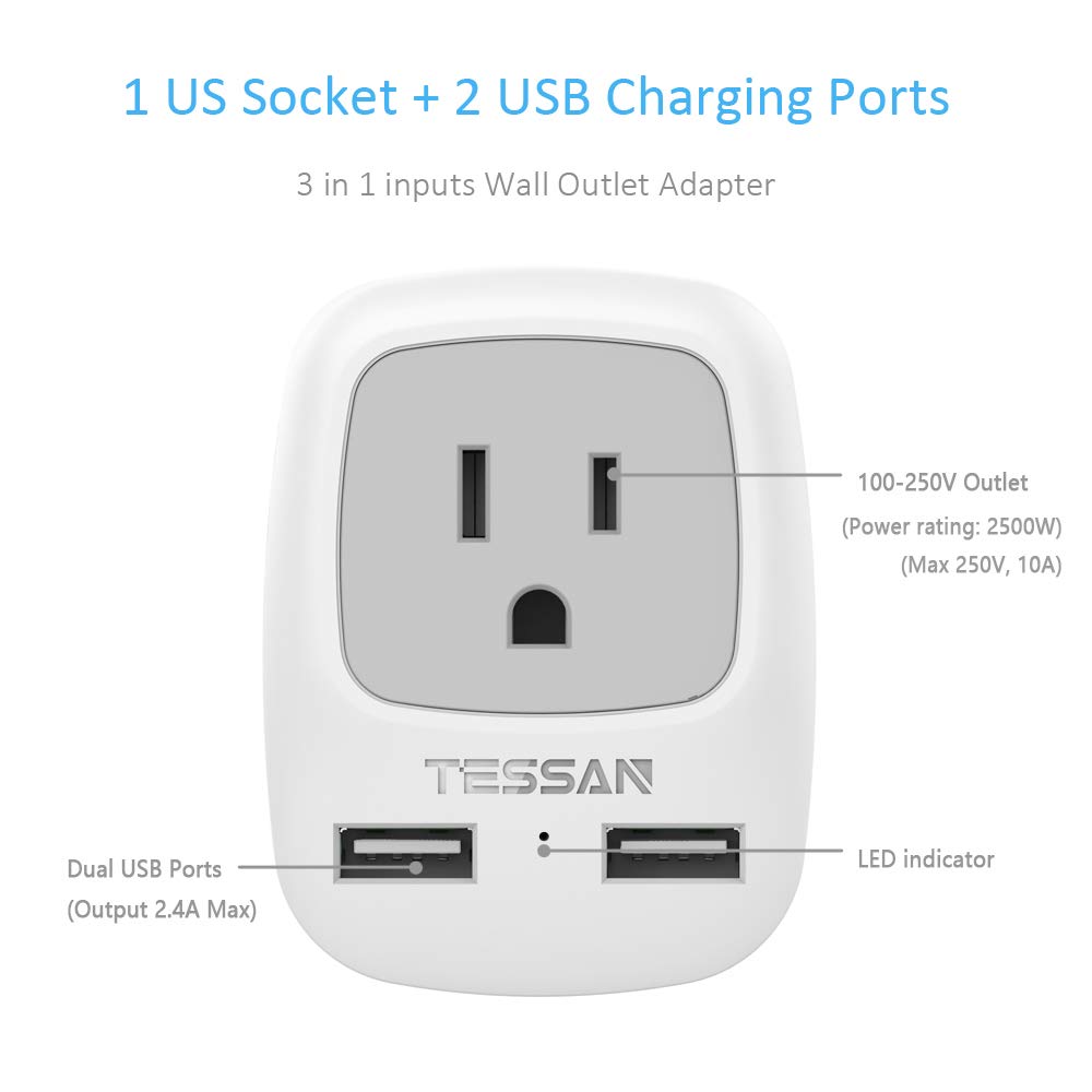 Tessan Israel Power Adapter, Type H 3 Prong Grounded Travel Plug Adaptor With 2 Usb Phone Charger 1 American Outlet For Us To Is