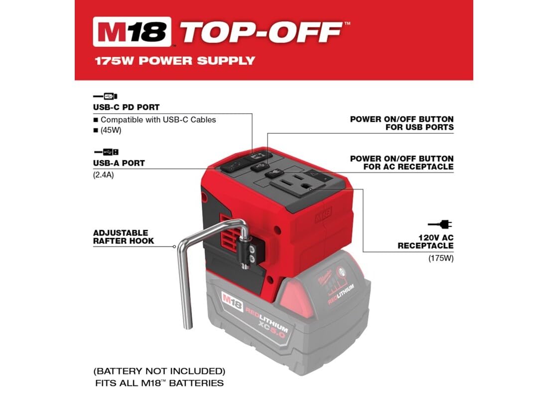 Milwaukee 2846-20 M18 18V 175W Top-Off Li-Ion Compact Inverter Power Supply