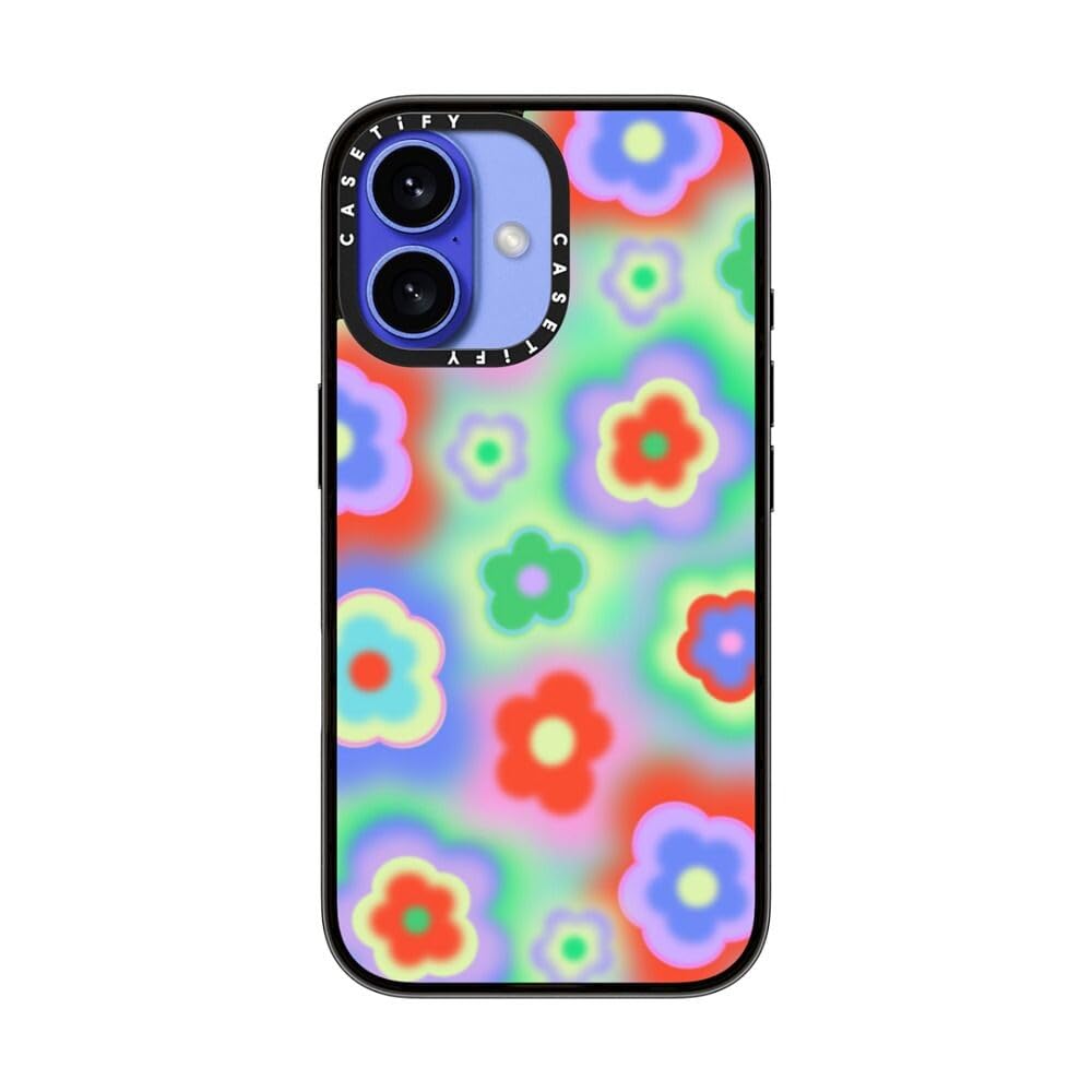 Casetify Compact Case For Iphone 16 [Lightweight / 4 Ft. 2X Military Grade Drop Protection/Slim]   Acid Flowers   Clear Black