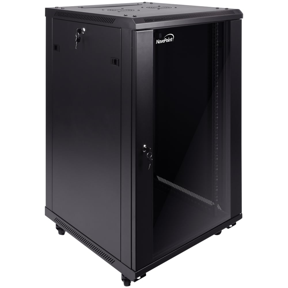 Navepoint 18U Server Cabinet Wall Mount Rack Enclosure With Caster Wheels, 2 Fans, Locking Glass Door, Removable Side Panels   1