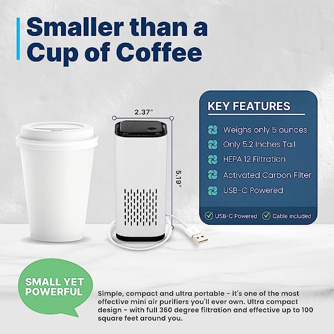 Kiki Pure A1 2021 Mini Hepa Usb C Powered Air Purifier. Ultra Portable (5.2In Tall, 6.7 Ounces), Ultra Quiet. For Travel, In Car