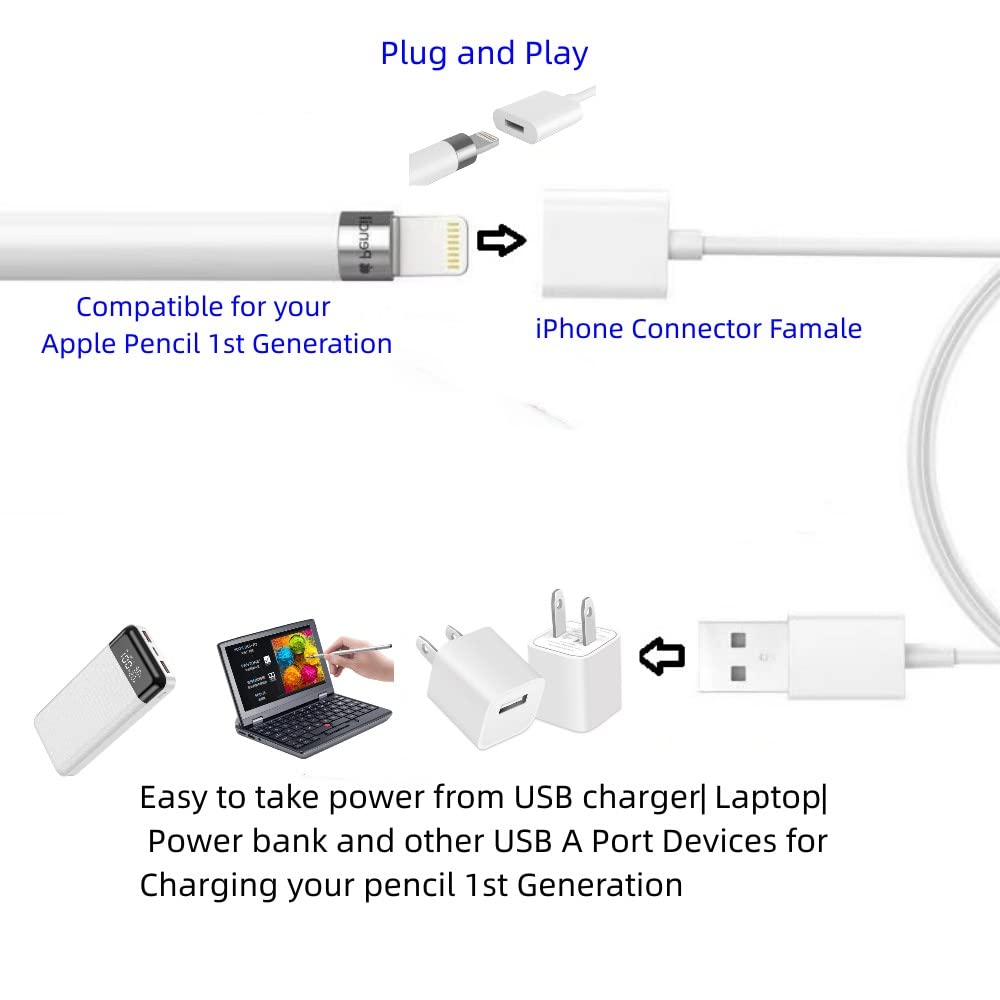 Design For Apple Pencil Charger,Apple Pencil Adapter 1Ft, Ipencil Pen First Gen Charging Cable Compatible With Apple Pencil 1St