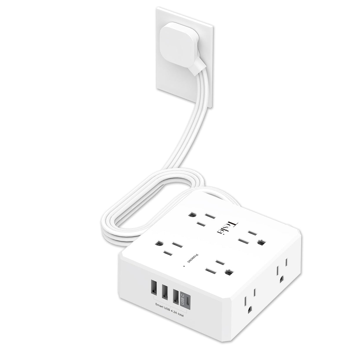 6 Ft Flat Extension Cord, Tcstei Ultra-Thin Flat Plug Surge Protector Power Strip, 3-Sided Outlet Extender, 8 Ac Outlets And 4 U