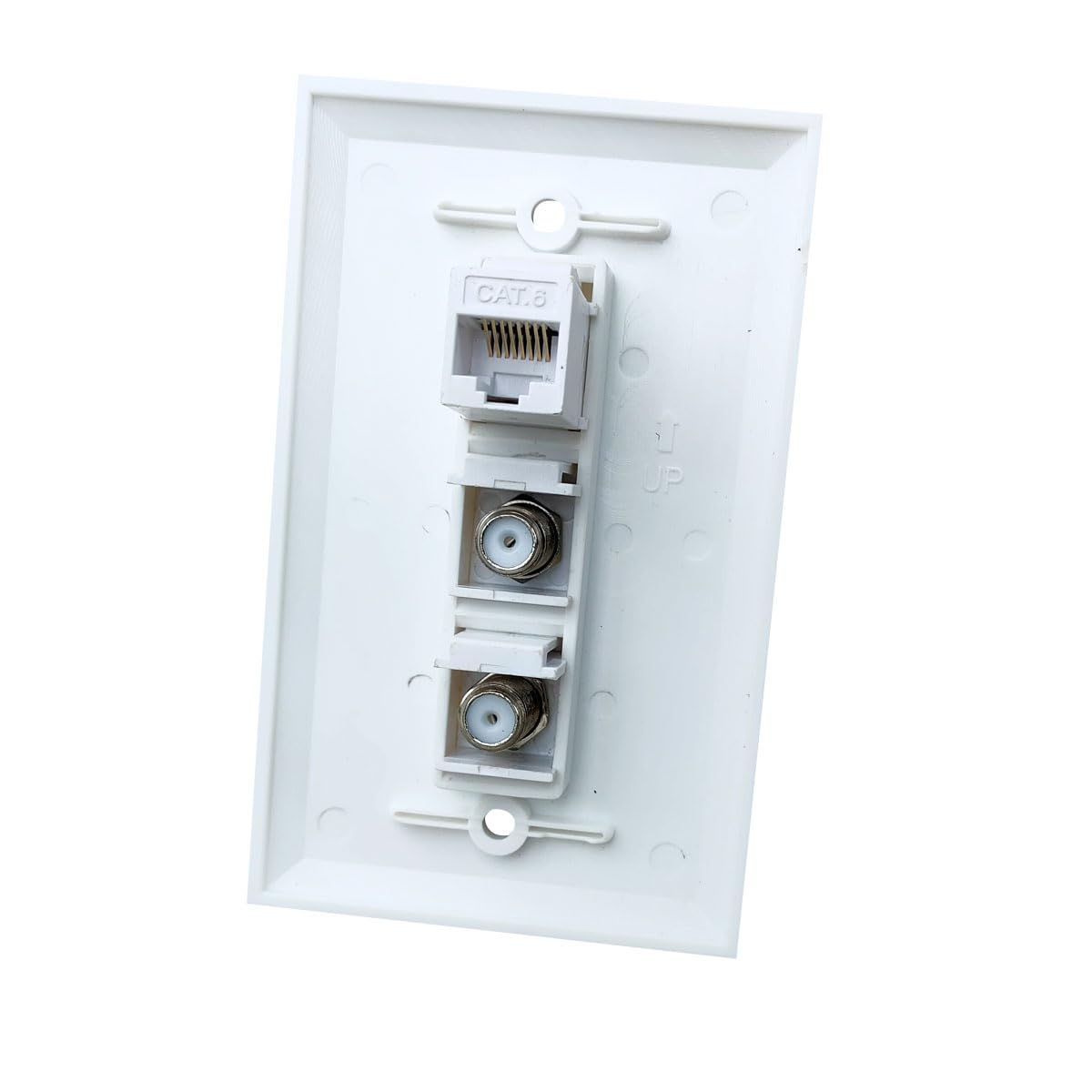 ESYLink BUPLDET Single Gang Wall Plate - 2 Coaxial & 1 Ethernet Port - White, ABS, Model 2F1CAT6