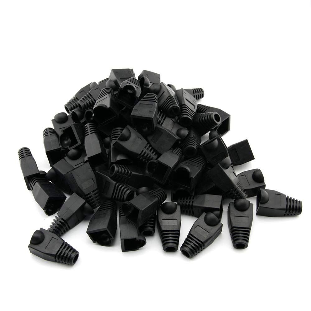 Rilexawhile 100 Pcs Black Soft Plastic Cat5E Cat6 Ethernet Rj45 Cable Cap Connector Boots Plug Cover Strain Relief Boots (Black)