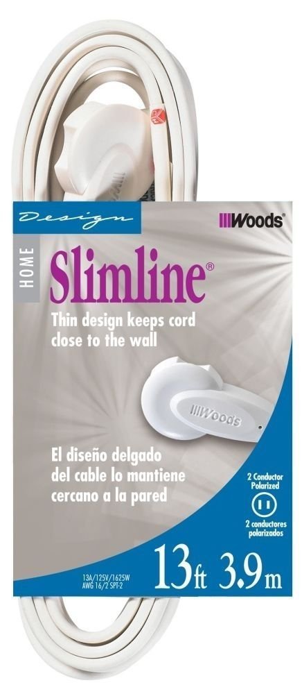 Slimline 2237 Flat Plug Extension Cord, 2 Wire, 13 Foot, White