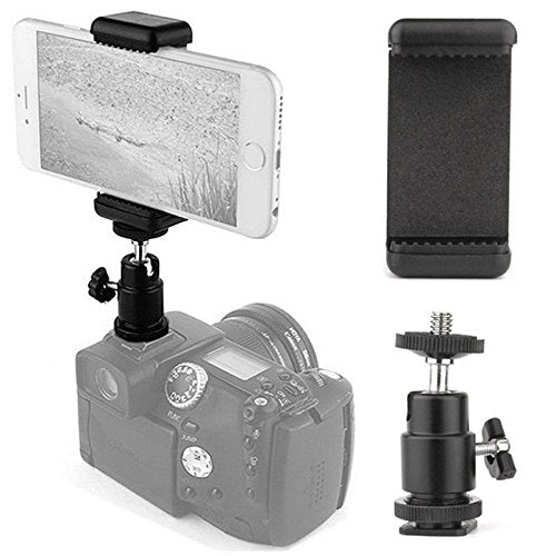 360 Ball Head Hot Shoe Adapter Mount + Cell Phone Holder Clip For Dslr Camera