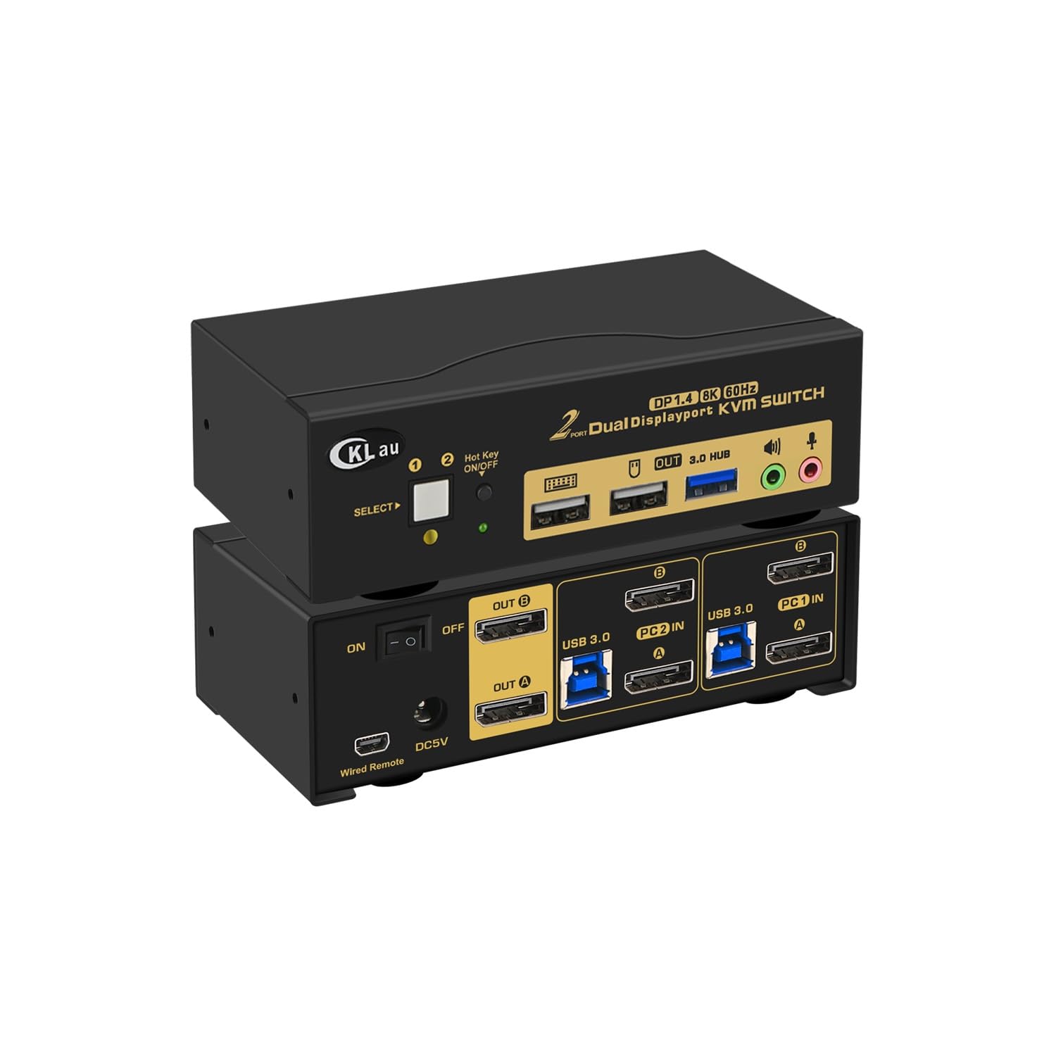 Cklau 2 Port Usb 3.0 Dual Monitor Kvm Switch Displayport 1.4 8K@30Hz 4K@144Hz, Display Port Kvm Switch 2 Monitors With Audio, Al