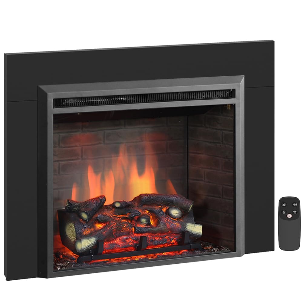 Puraflame Western 26'' Electric Fireplace Insert With Trim Kit, Fire Crackling Sound, Resin Log, Remote Control, 750/1500W Heate