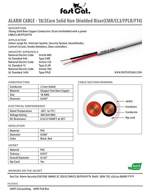 Fast Cat. Alarm Wire Cmr Cable For Low Voltage Fire Detector, Security Stations, Door Bell & Burglar System   18Awg 4C Str Box,