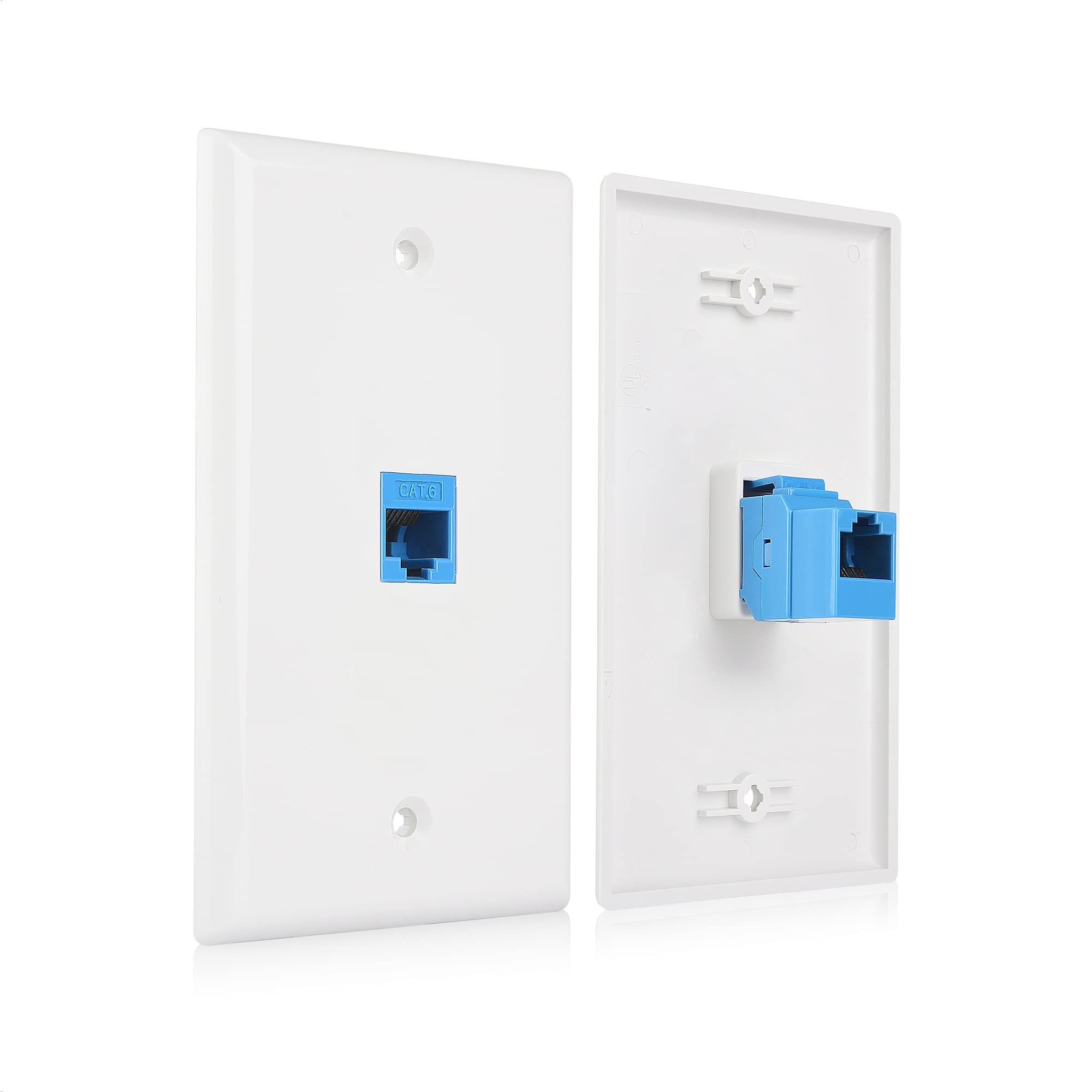 Cable Matters 2 Pack 1 Port Ethernet Wall Plate, Cat6 Wall Plate / Cat5 Ethernet Wall Outlet In White With Blue Ethernet Keyston