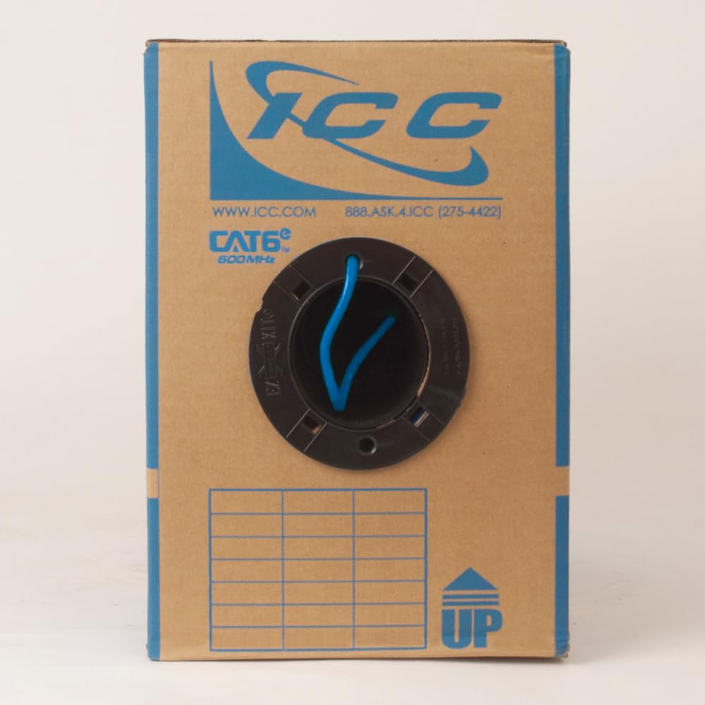 ICC Cat6e CMP Plenum 1000ft UTP 23AWG Solid Pure Copper, True Plenum Certified by UL Bulk Ethernet Cable, PoE++, 600MHz, Reelex No Tangle Pull Box, TAA, National Electrical Code Compliant, Blue