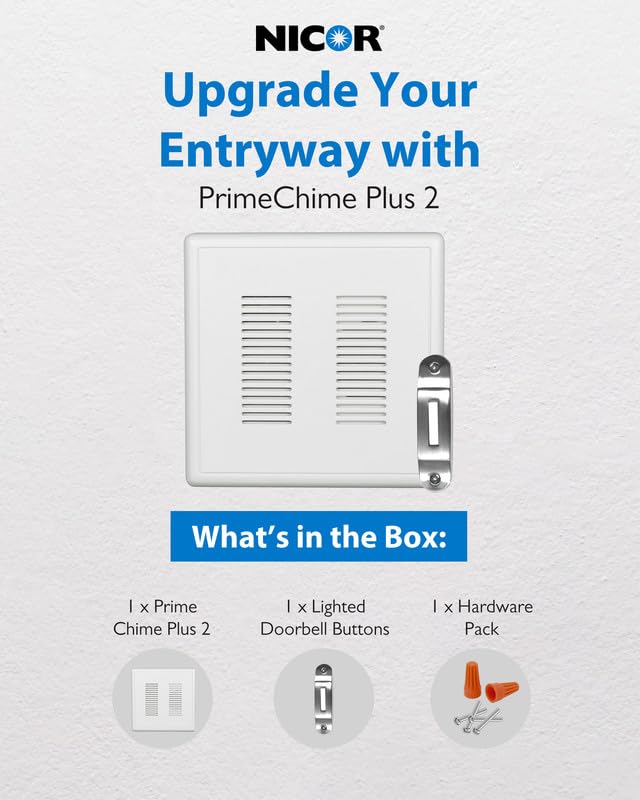 Primechime Plus 2 Electric Doorbell Kit   Doorbells For Home   Includes Selectable Ring Chimes   Deco Button, Nickel   Nicor Lig